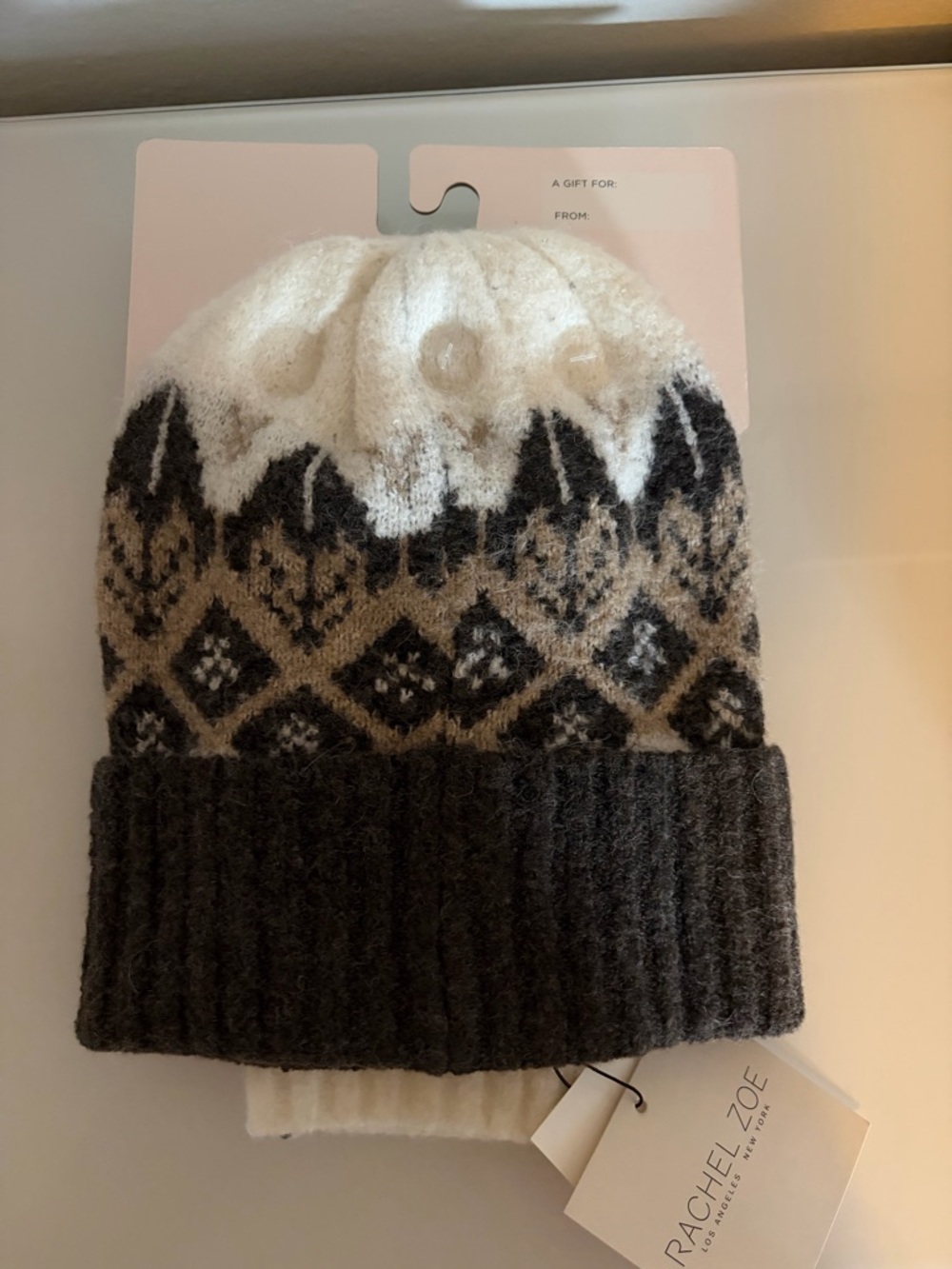 Rachel Zoe  Knit Beanie & Fingerless Gloves - White, Beige, Brown
